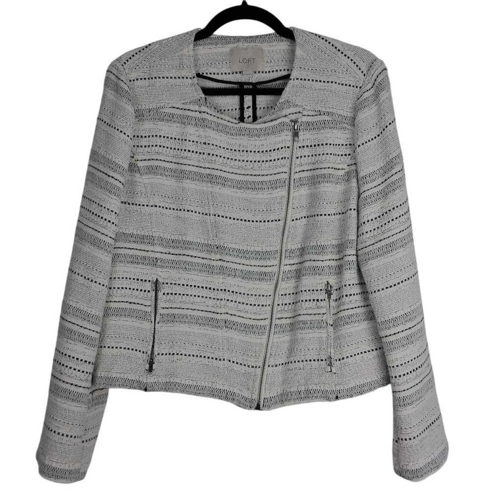 Ann Taylor LOFT Tweed Moto Jacket Size 12 Black White Asymmetric Zip Biker